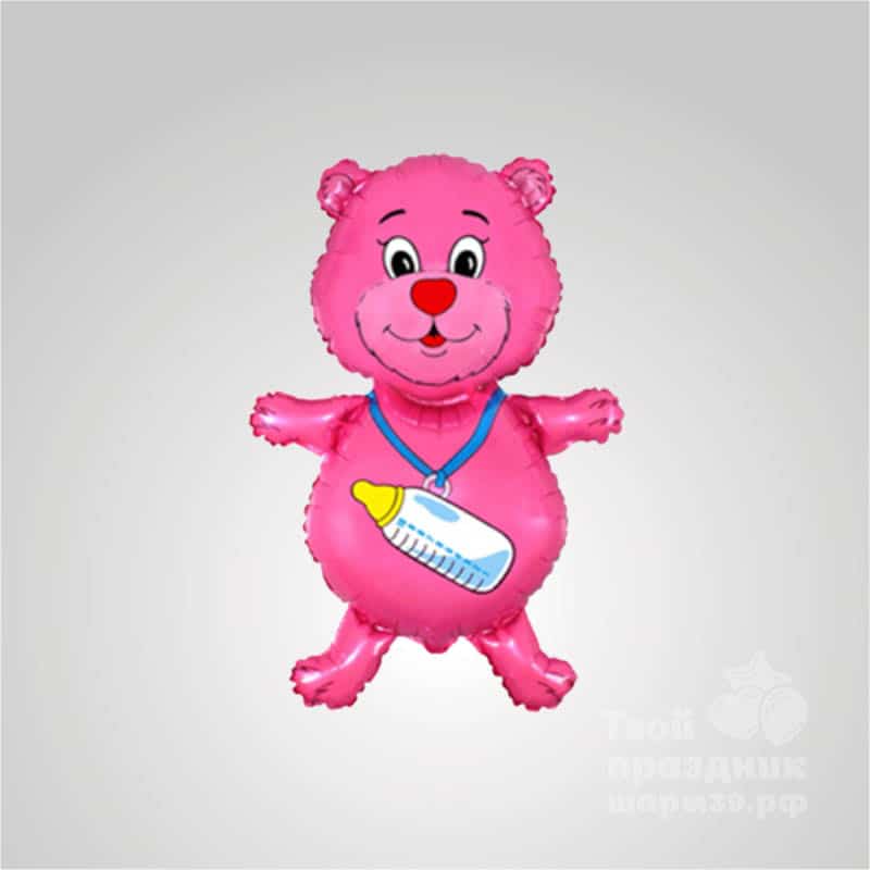 Розовый мишка с бутылочкой, с гелием
