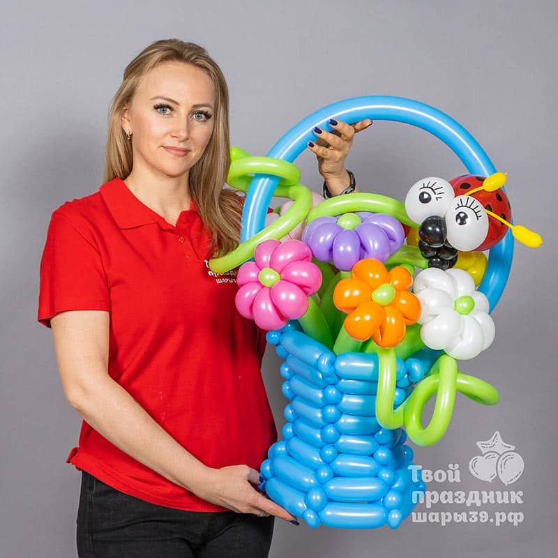 Корзина с букетом ромашек. Шары39