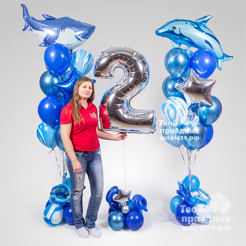 Фотозона из гелиевых шаров в морском стиле с цифрой. Шары39.рф, Калининград